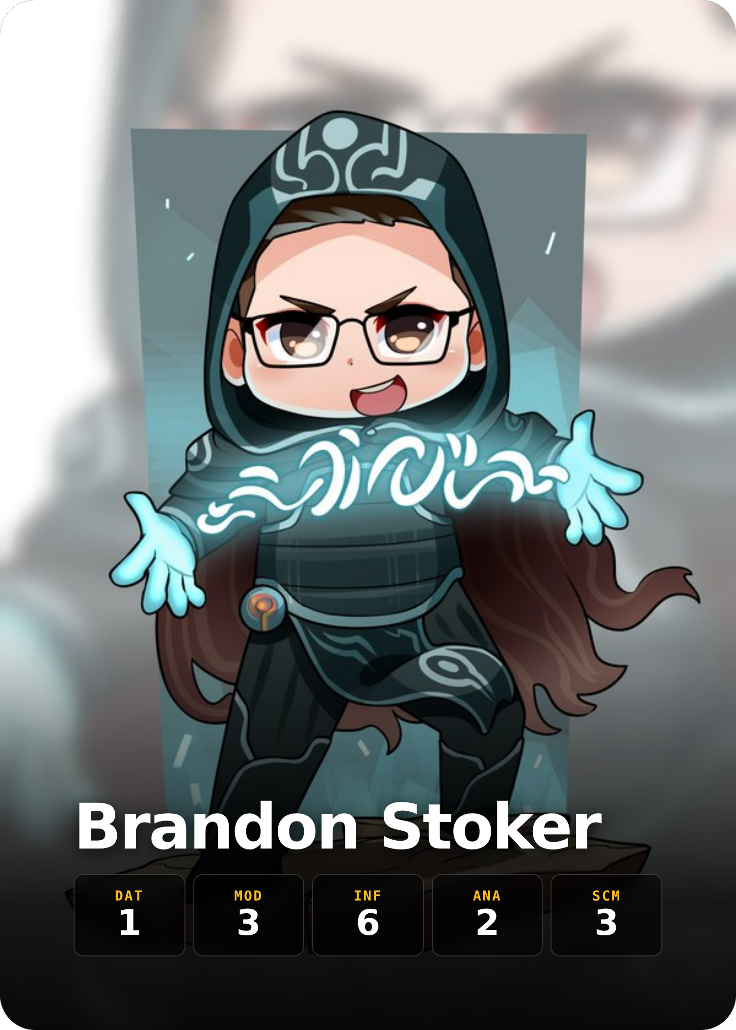 Front of Brandon Stoker's Analytics Card Battle card: chibi character art filling the card with a stat bar across the bottom.