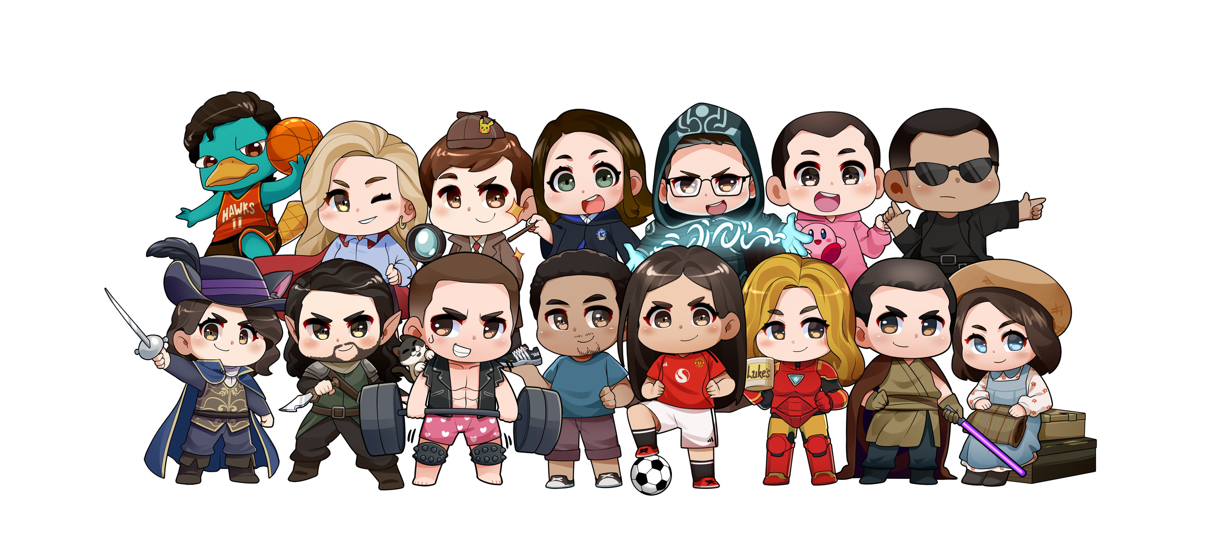 A custom illustration of 20 chibi characters in varied poses and outfits — the cast of an Analytics Card Battle deck.