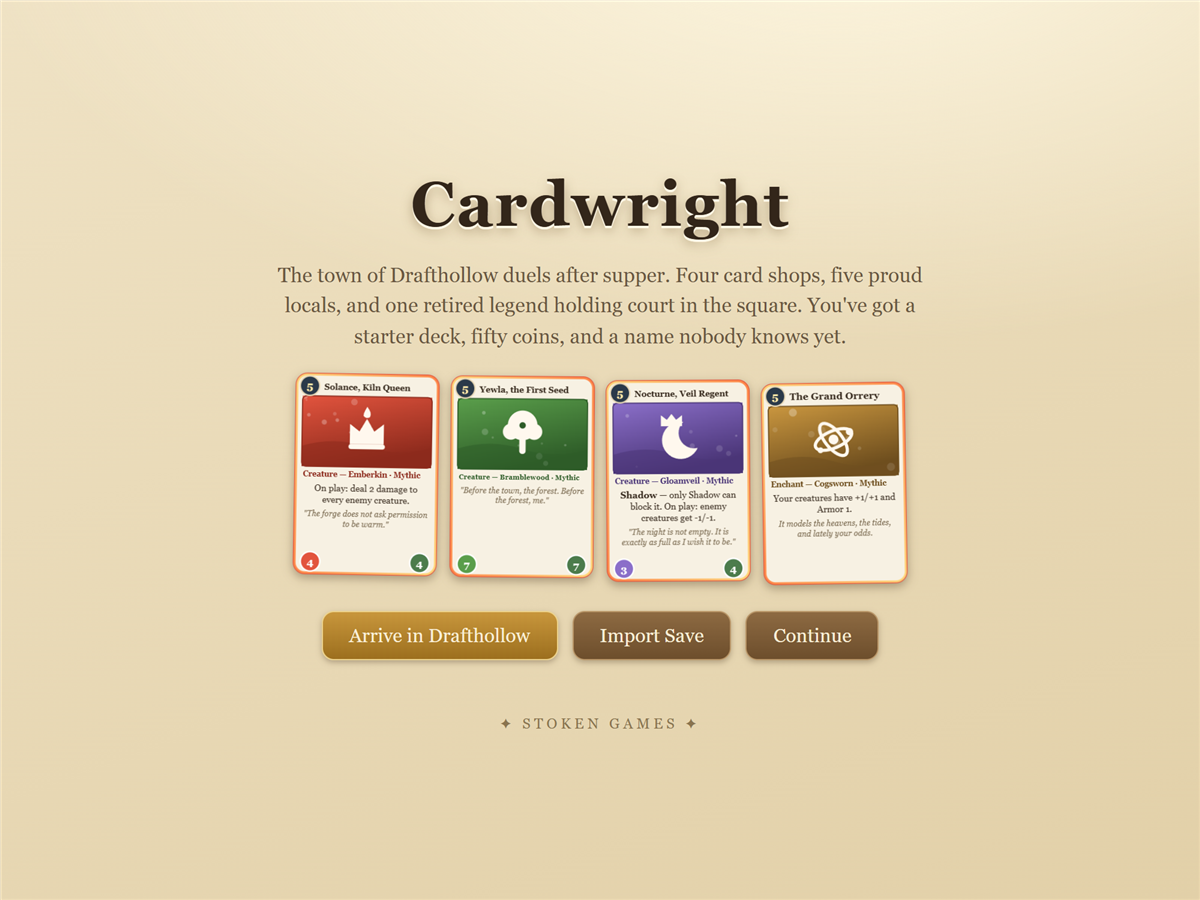 Cardwright launch screen: four enchanted cards fanned on warm parchment.