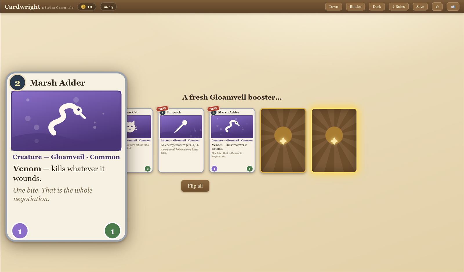 A fresh Gloamveil booster: three cards flipped face-up with NEW badges, two still face-down and glowing.