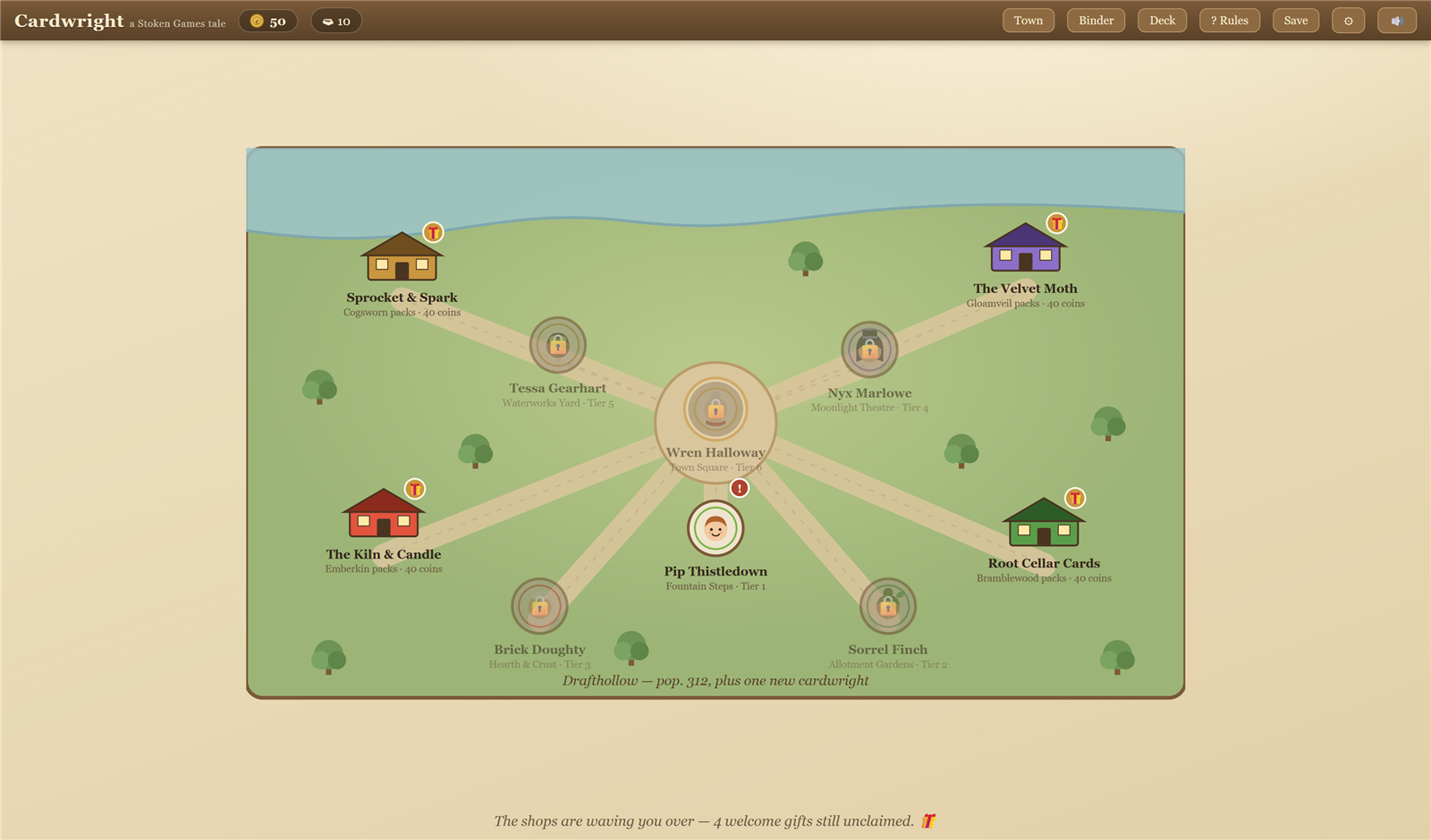The town map of Drafthollow: four card shops and six duelists connected by winding paths.