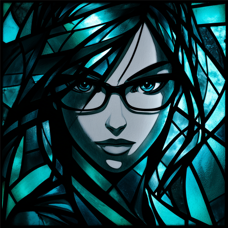 Glasswright key art: a glasswright's face rendered in teal stained glass, framed by dark leading.