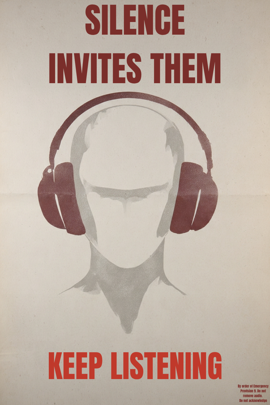 Noise Floor poster: a faceless figure in headphones, oxblood red on bone white.